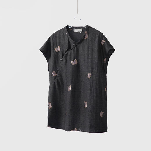 丁摩 真丝香云纱蝴蝶刺绣立领连肩袖衬衣女100桑蚕丝显瘦上衣夏新款5ZF-52049 商品图0