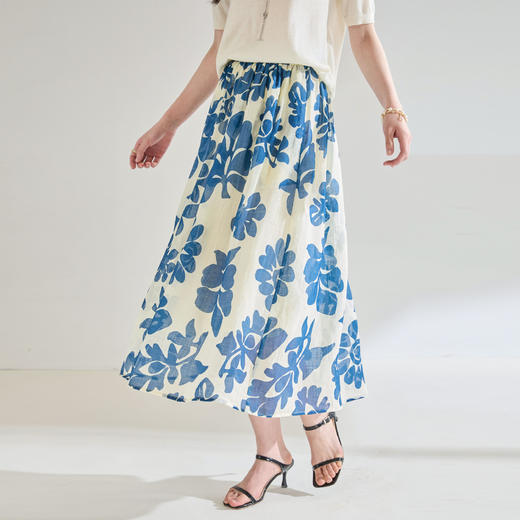 「高货sh」全新升级【铂金会员312/天猫419/差价107】(02802)洛诗琳苎麻印花垂感半身裙2025夏季轻盈空氣感度假风半裙 商品图1