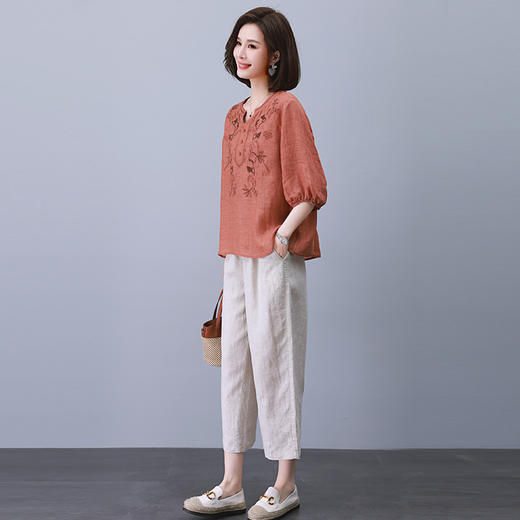 丁摩 苎麻女装两件套高端重工刺绣印花上衣休闲九分裤夏装2025新款麻料5ZF-905 商品图1