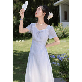 鹿向南「浦月少女」法式浅蓝色短袖连衣裙夏季新款时尚收腰长裙女DYL661807