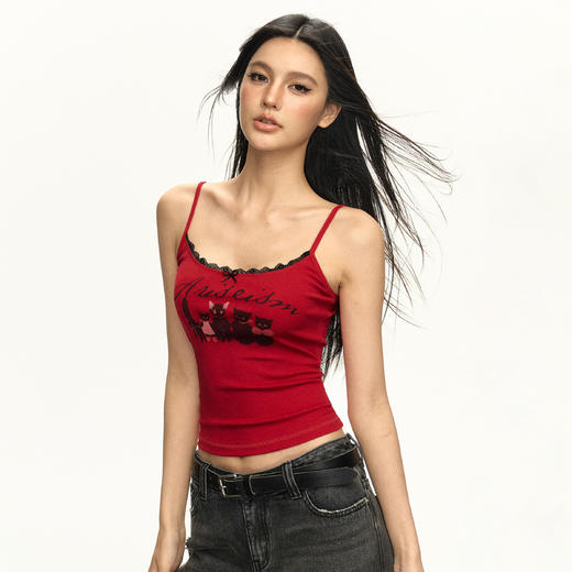 Ariseism美式复古设计感猫咪印花蕾丝吊带背心女夏季新款外穿上衣 商品图2
