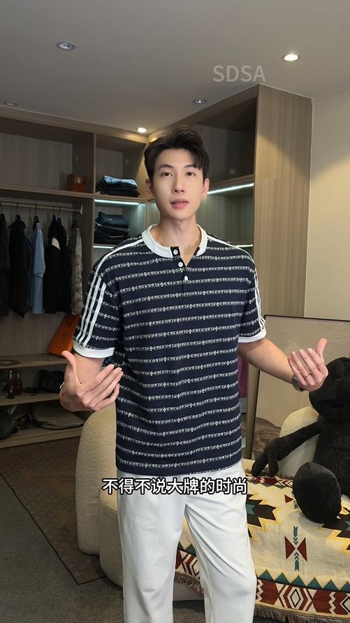 T3564夏季高级感新款男士简约提花条纹半纽扣短袖T恤百搭时尚圆领上衣 商品图0