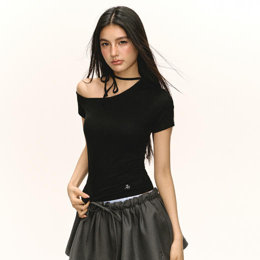 Ariseism  美式复古红色斜肩修身短袖t恤女夏季新款辣妹打底上衣 商品图4