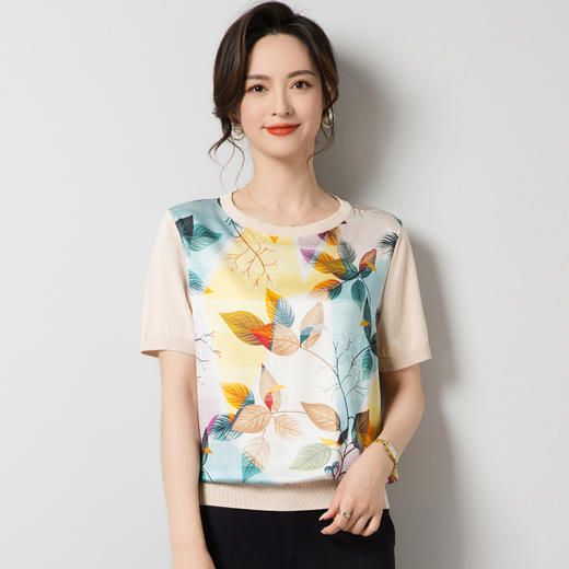 丁摩桑蚕丝针织T恤薄款圆领真丝上衣女印花短袖套头衫ALJ62535 商品图0