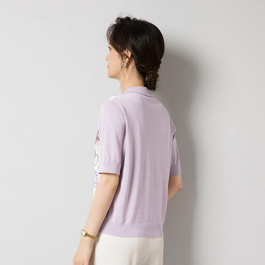 丁摩桑蚕丝针织polo衫T恤女翻领五分袖真丝上衣薄ALJ62538 商品图3