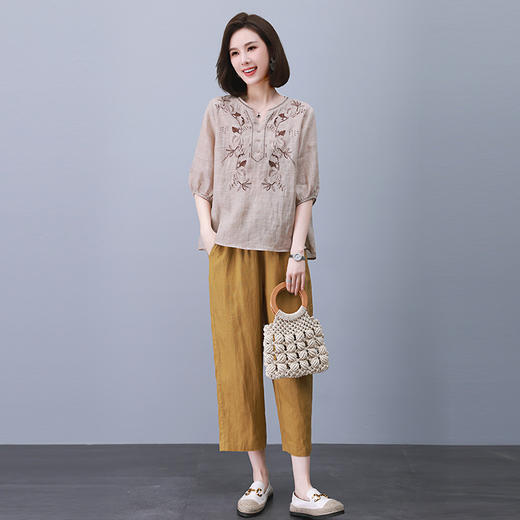 丁摩 苎麻女装两件套高端重工刺绣印花上衣休闲九分裤夏装2025新款麻料5ZF-905 商品图6