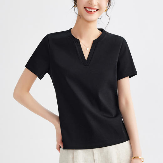 丁摩 80s双面丝光棉T设计感短袖T恤女夏季正肩合身V领纯色上衣挺括体恤5ZF-  M674 商品图7