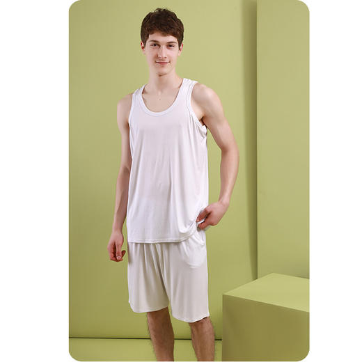 【居家服】【DF】男夏新款5A抗菌除臭艾草防蚊弹力加肥大码休闲居家宽背心短裤套服 商品图2