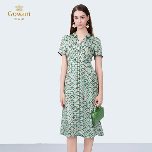 乔万尼新款100%真丝V领修身印花中长款连衣裙ED2E403 商品图3