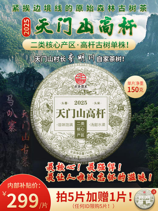 【微量分享】最核心！最强悍！最让人难以忘怀的滋味！天门山村长李明川自家茶树！二类核心产区高杆古树单株！紧挨边境线的原始森林古树茶。150克/盒！ 商品图1