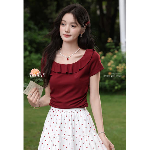 鹿向南岛屿玫瑰」红色法式女短袖t恤夏季小众褶皱收腰修身上衣 商品图2