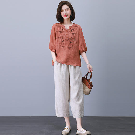 丁摩 苎麻女装两件套高端重工刺绣印花上衣休闲九分裤夏装2025新款麻料5ZF-905 商品图5