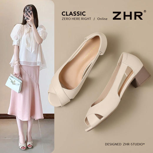 ZHR则则头层牛皮真皮鱼嘴露趾凉鞋镂空气质2025夏新款粗跟高跟鞋 商品图1