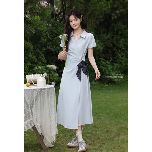 鹿向南「雅致通勤」蓝色短袖衬衫连衣裙女夏季新款高级感小众长裙 商品图3