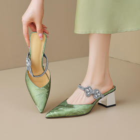 【预售5天】优雅淑女风一字带真皮包头半拖鞋女法式外穿粗高跟鞋LGYZNX&388-3