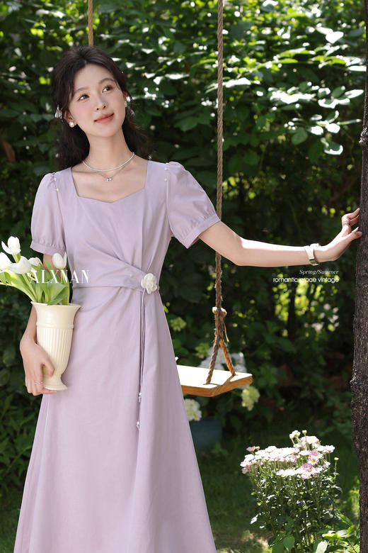 鹿向南「芋芋奶冰」法式气质紫色短袖连衣裙夏新款时尚优雅长裙女 商品图5
