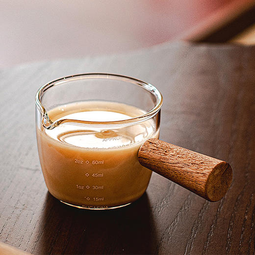 【木柄玻璃小奶盅】相思木手柄奶盅盎司杯高硼硅耐热玻璃带刻度浓缩咖啡萃取量杯奶杯75ML 商品图6