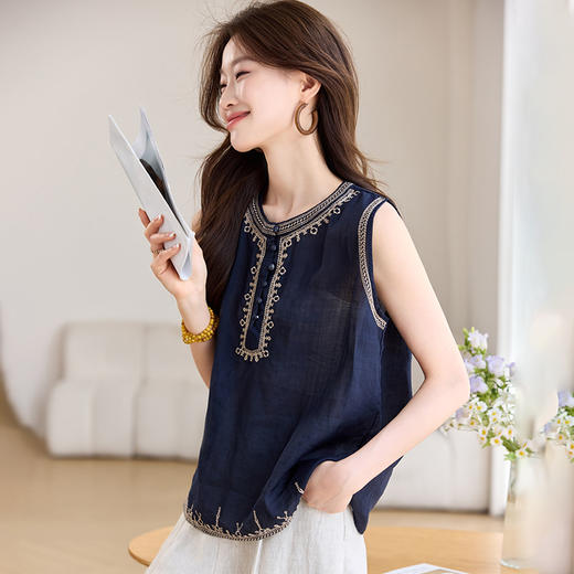 雀说刺绣苎麻无袖背心t恤上衣新款时尚文艺风薄款透气上衣AL6773 商品图0