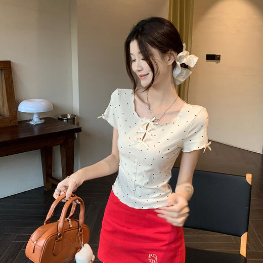 西遇波点短袖T恤女夏季新款蝴蝶结正肩修身显瘦短款上衣SS050877 商品图4