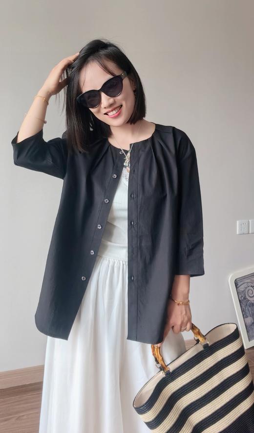 法式设计感轻薄凉感天丝棉打褶圆领显瘦中袖衬衫 商品图8