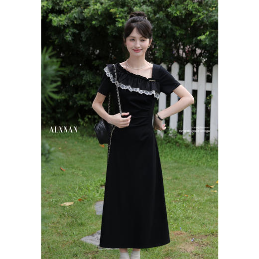 鹿向南「港岛暮色」法式气质设计感黑色荷叶边短袖连衣裙女长裙夏 商品图2