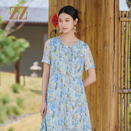 佐尔美气质碎花100%桑蚕丝连衣裙女M52LS34 商品图0