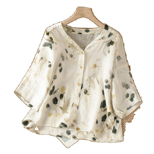 雀说复古印花百搭简约衬衫短外套女夏季薄款V领衬衣开衫外搭AL9618 商品图4