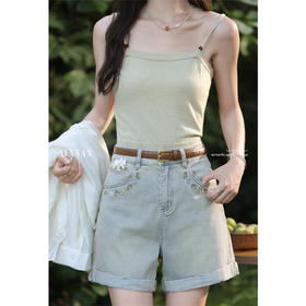 鹿向南「春和花野」洗水浅蓝绣花牛仔短裤女夏休闲宽松显瘦阔腿裤