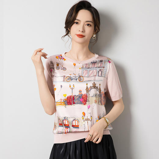 丁摩桑蚕丝针织T恤薄款圆领真丝上衣女印花短袖套头衫ALJ62535 商品图1
