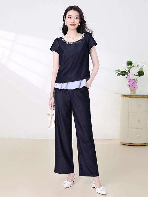 全新升级【铂金会员293/天猫399/差价106】(99846)洛诗琳撞色牛仔通勤套装女2025新款夏季圆领上衣阔腿裤两件套 商品图2