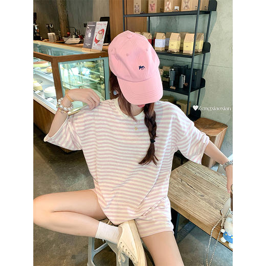 <曾小咸推荐>韩系条纹圆领短袖短裤两件套 商品图0