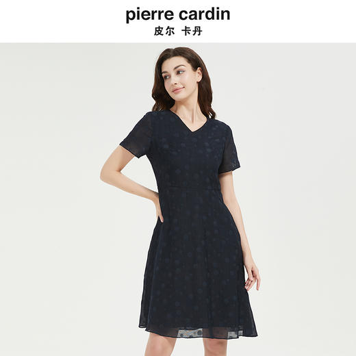 皮尔卡丹女法式V领通勤收腰短袖连衣裙 商品图1