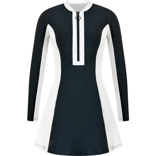 sisia2024新款泳衣女黑白撞色长袖防晒显瘦遮肚温泉连体裙式泳衣SWSA24-01A 商品图5