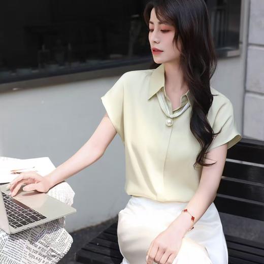 全新升级【铂金会员146/天猫199/差价53】(41137)洛诗琳法式气质衬衫2025夏季新款珍珠配饰百搭通勤雪纺上衣 商品图2