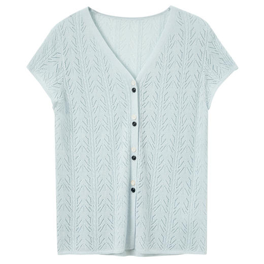 【莱赛尔+亚麻】三彩2025夏季新款镂空针织衫V领开叉短袖开衫轻薄M 商品图4