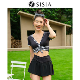 sisia2025新款泳衣女千鸟格纹拼色性感高腰显瘦遮腹温泉分体泳衣SWT24-06A