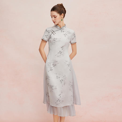 QF8A7斯尔丽25新款奥黛版型收腰放摆波浪边显瘦水墨连衣裙 商品图2