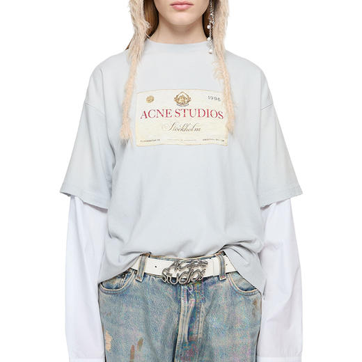 Acne Studios 2025春夏新品 男女同款宽松徽标印花做旧假两件长袖T恤 浅灰色 CL0322 商品图0