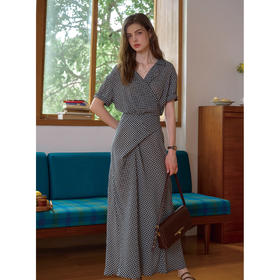 SimpleRetro通勤简约V领围裹式格纹连衣裙女