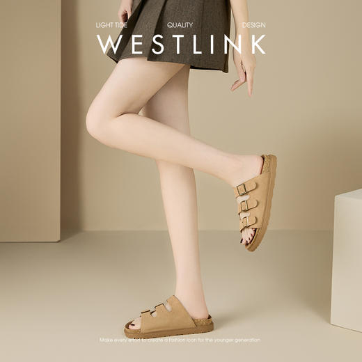 西遇勃肯凉拖鞋女夏外穿新款海边复古凉鞋厚底一字带软木拖鞋V0156588 商品图3