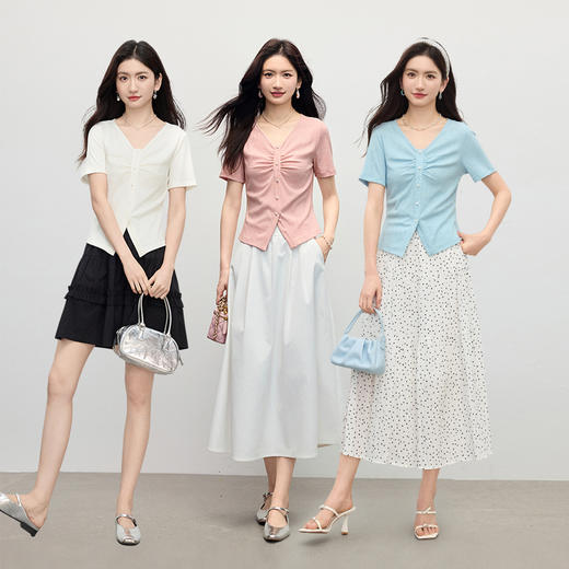 【周四狂欢价】熙世界褶皱粉色正肩t恤女设计感2025夏装新款洋气减龄短袖V领上衣 商品图2