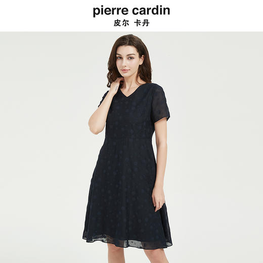 皮尔卡丹女法式V领通勤收腰短袖连衣裙 商品图3