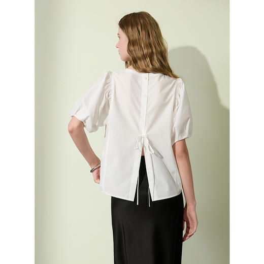 三彩2025夏季新款泡泡袖圆领白衬衫上衣宽松衬衣小衫简约S 商品图3