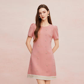 QF8A4斯尔丽2025夏季新款镶钻撞色压褶边显瘦连衣裙