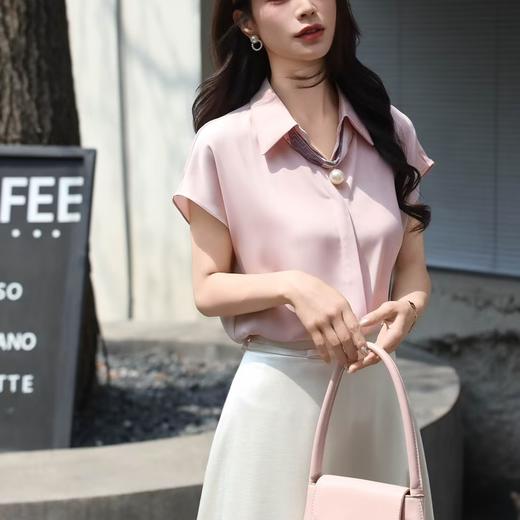 全新升级【铂金会员146/天猫199/差价53】(41137)洛诗琳法式气质衬衫2025夏季新款珍珠配饰百搭通勤雪纺上衣 商品图0