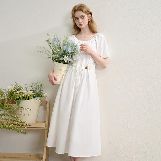 桃花拂面温柔气质泡泡袖连衣裙女春夏彩色串珠收腰长裙V0850570 商品图6