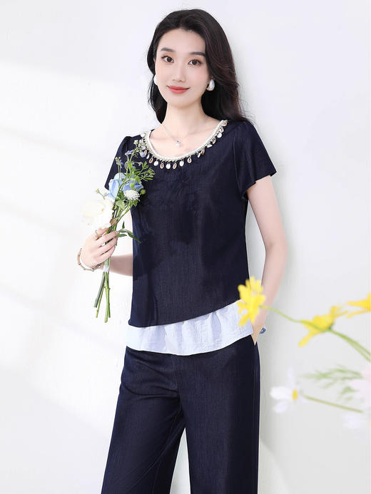 全新升级【铂金会员293/天猫399/差价106】(99846)洛诗琳撞色牛仔通勤套装女2025新款夏季圆领上衣阔腿裤两件套 商品图1