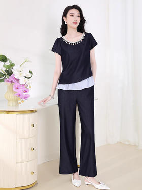 全新升级【铂金会员293/天猫399/差价106】(99846)洛诗琳撞色牛仔通勤套装女2025新款夏季圆领上衣阔腿裤两件套