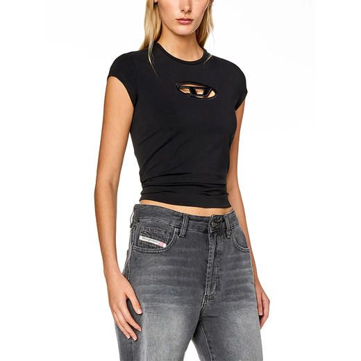 DIESEL 2025春夏新品 女士镂空大LOGO修身短袖T恤 黑色 A062680AFAA9XXA 商品图2