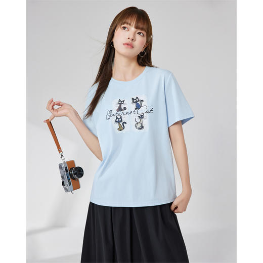 IEF/爱依服2025上衣夏季 韩版休闲通勤气质小众猫咪印花T恤B0268-X- 商品图3